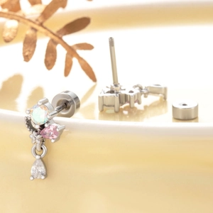 Boucles d'oreilles en titane avec opale en goutte et pendentif en cristal rose