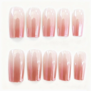 Pink gradient long coffin press-on nails with shiny finish and elegant pearlescent texture