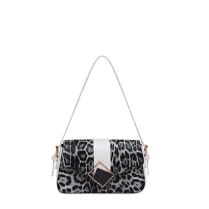 Leopard print crossbody bag with white grey pattern and gold metal buckle on white background