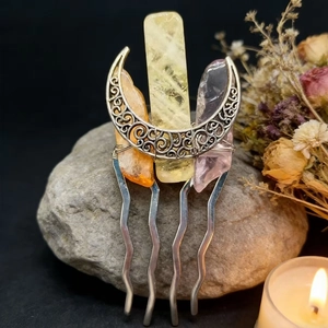 Handmade moon hair comb with yellow, orange, and pink natural crystal stones