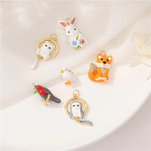 DIY cartoon animal enamel pendants featuring cat, rabbit and fox with sparkling crystals