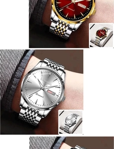 Three men's quartz watches with dual calendar dials in red, white, and black metal styles