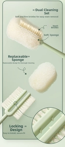 Detail of detachable cleaning brush showing bristles, sponge head and secure locking clip