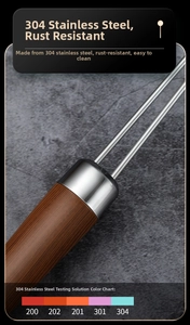 Macro view of 304 stainless steel strainer with wood-textured handle and material test guide