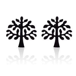 Close-up of black Tree of Life stud earrings with silhouette cutout on white base