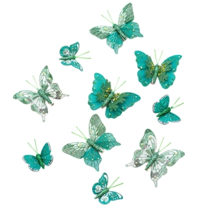 Set of 10 green Christmas butterfly ornaments with sequins and glitter for decor