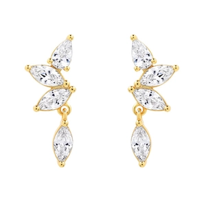 Detail of gold earrings with marquise-cut zircons in an elegant leaf-shaped design
