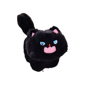 Fuzzy black plush cat keychain with blue eyes and expressive mouth on white background