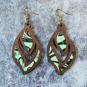 Vintage wood hollow earrings with embossed turquoise leather inlays in a geometric drop style