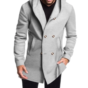 Detail of light gray slim fit hooded coat with double-breasted buttons and pockets