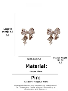 Bowknot earrings with zircons and silver needles measuring 1.9x1.4cm and 4.2g