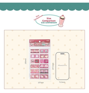 Size guide showing cute cartoon stickers packaging next to an iPhone 14 Pro for scale