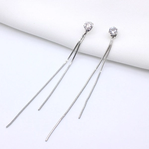 Minimalist stainless steel long tassel drop earrings with sparkling clear zircon stones