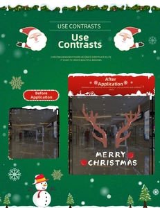 Detail of Christmas reindeer antler window stickers with Merry Christmas text on glass