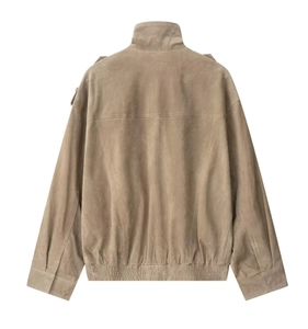 Rear view of brown suede texture jacket with tailored back seams and ribbed hem details