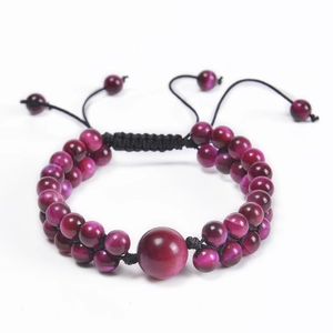 Detail of 6mm double-layer purple tiger eye stone bracelet with adjustable braided cord
