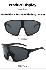 Detail view of matte black oversized cycling sunglasses with integrated grey lenses