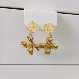 Vintage 18k gold plated stainless steel cross drop earrings with embossed relief texture