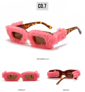 Detailed multi-angle views of pink faux fur square sunglasses with tortoise temples