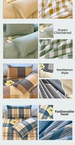 Detail of plaid cotton pillowcases in various colors like green and brown grid patterns