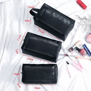 Set of 3 black mesh toiletry bags in various sizes with durable zippers and side handle