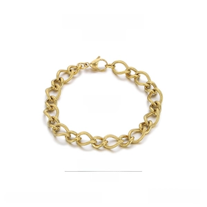 Detail view of gold stainless steel cable chain bracelet with measurements 200mm x 10mm