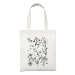 Weiße Canvas-Tragetasche mit schwarzen botanischen Pilz- und Blumen-Liniendrucken