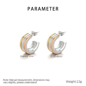 Boucles d'oreilles C en acier inoxydable tricolore or, or rose et argent poli