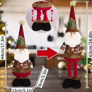 Detail of adjustable telescopic legs on plush Christmas dolls extending from 44cm to 63cm
