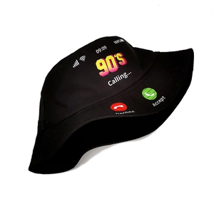 Close-up of black cotton bucket hat with retro 90s phone calling graphic print