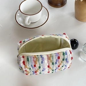 Colorful woven large capacity makeup bag with metal zipper and soft fabric lining