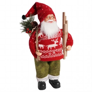 Detail of 12 inch standing Santa Claus doll with knitted sweater and wooden skis