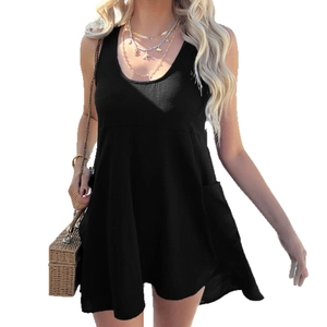 Women's summer sleeveless round neck casual black dress with functional pockets