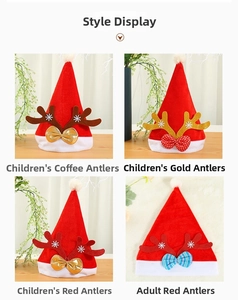 Detail showing plush Christmas hats with antlers, velvet fabric and snowflake patterns