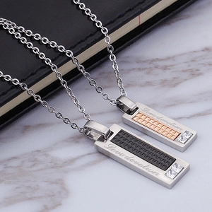 Geometric Square Pendant Necklace Stainless Steel Cubic Zirconia Engraved Love Devotion For Couples Men Women Niche Design