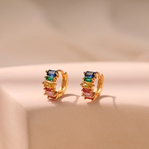 Elegant 18K gold plated hoop earrings featuring five vibrant rectangular zircons