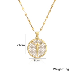 Macro detail of gold plated cross pendant with white zircon halo and size specs