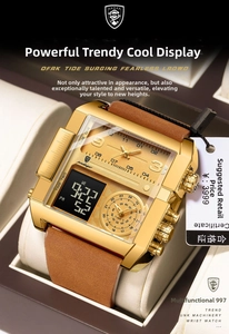 Close-up of golden dual display watch with brown leather strap and brand packaging