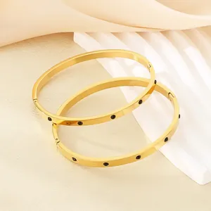 Geometric Bangle Bracelet Gold Plated Stainless Steel Minimalist Black Round Inlay Trendy Hinge Cuff Jewelry For Women