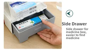 Detail view of the medicine box featuring a sliding side drawer for easy medical access