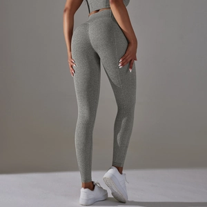 High waist heather grey yoga leggings with seamless butt lifting design for fitness workout