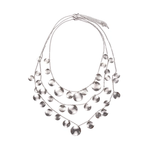 Three-layer silver metallic sweater chain with round textured fringe pendants and necklaces