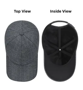 Detailed top and interior views of a grey plaid baseball cap with soft thermal lining