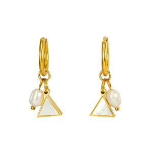 Detailed close-up of gold hoop earrings with white pearls and triangle pendants