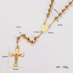 75cm golden rosary necklace with 8mm beads and virgin Mary cross pendant details