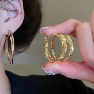 Double Layer Interlocking Hoop Earrings With Silver Earring Post Copper Gold Plated Retro Geometric Minimalist Jewelry Women