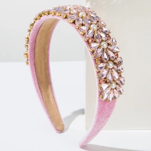 Baroque pink velvet headband with teardrop crystals and pearls for party wear