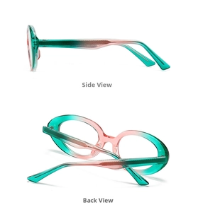 Side and back view of retro oval cat eye sunglasses in green pink gradient finish