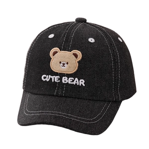 Kids black denim baseball cap with cute bear plush patch and white embroidery