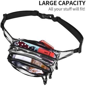 Detailed view of clear PVC waist bag interior showing large capacity for essentials